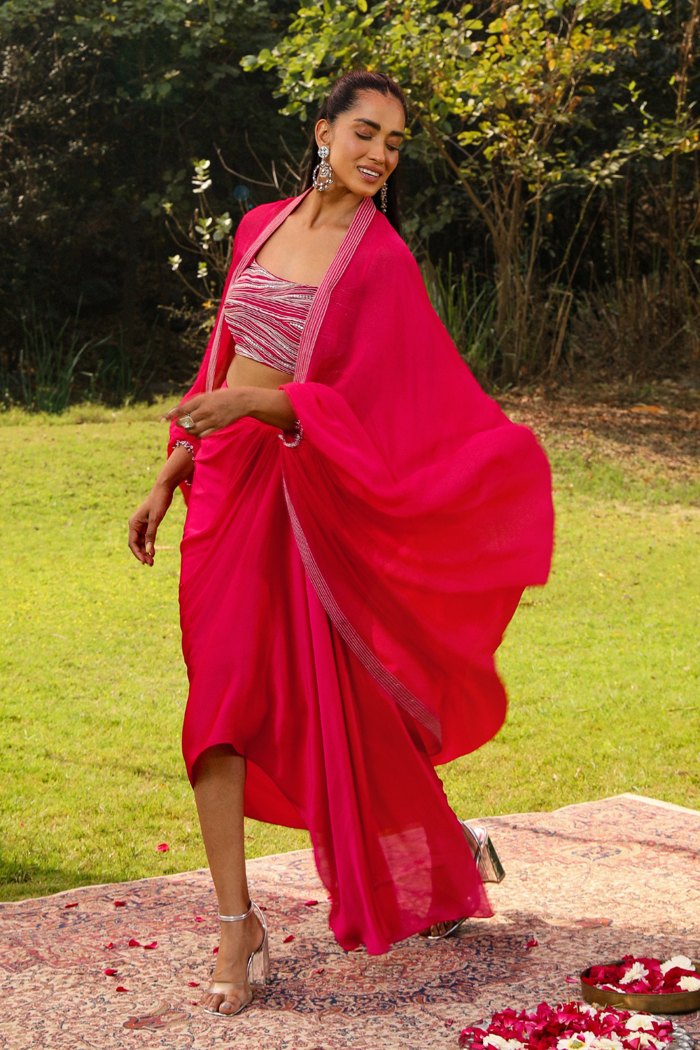 Kalki Rani Pink Cape Set with Crystal Embroidery & Pickup Skirt