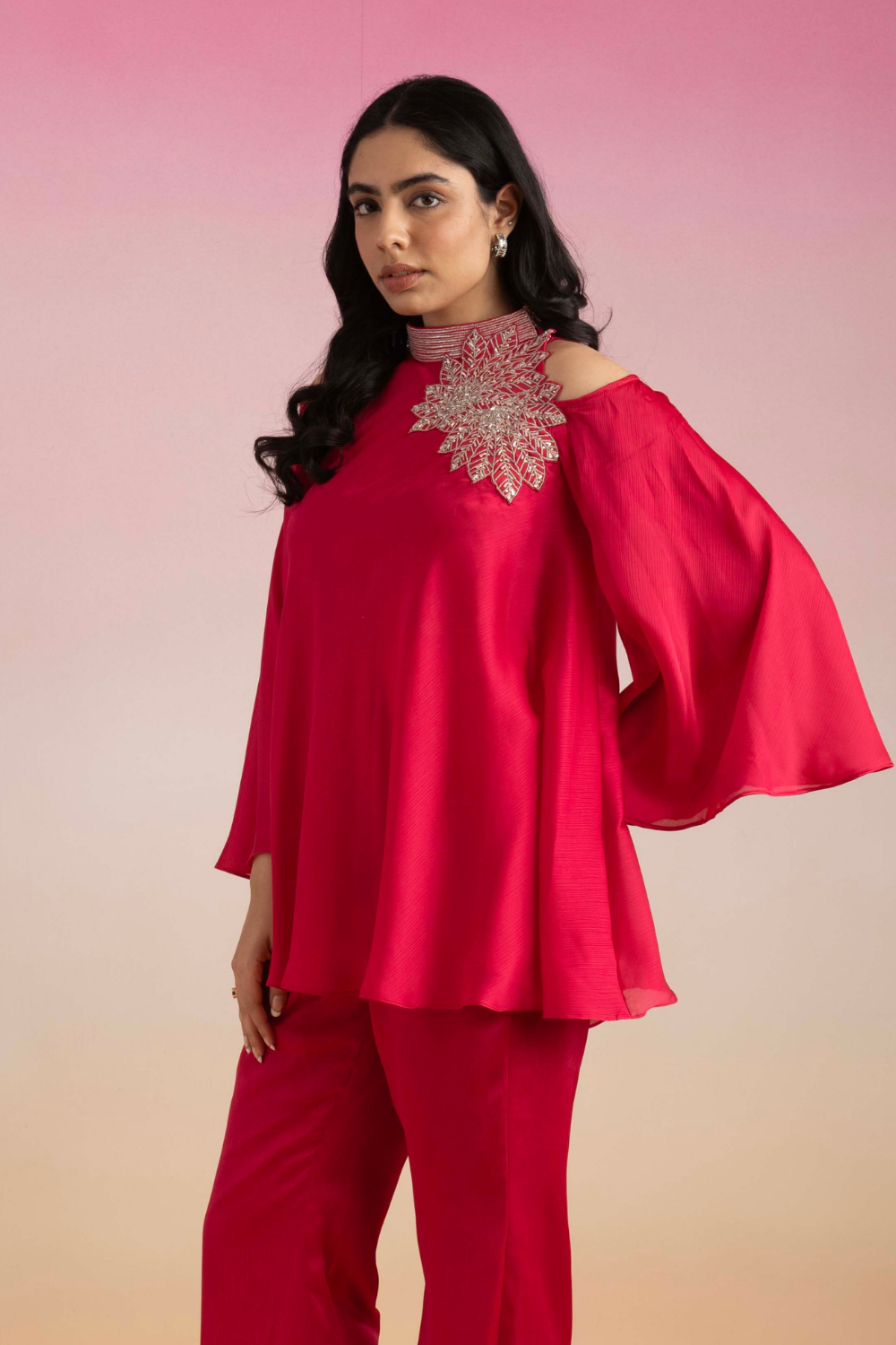 Rani Pink Khushi Chiffon Co-ord Set - Flared Cold Shoulder Style