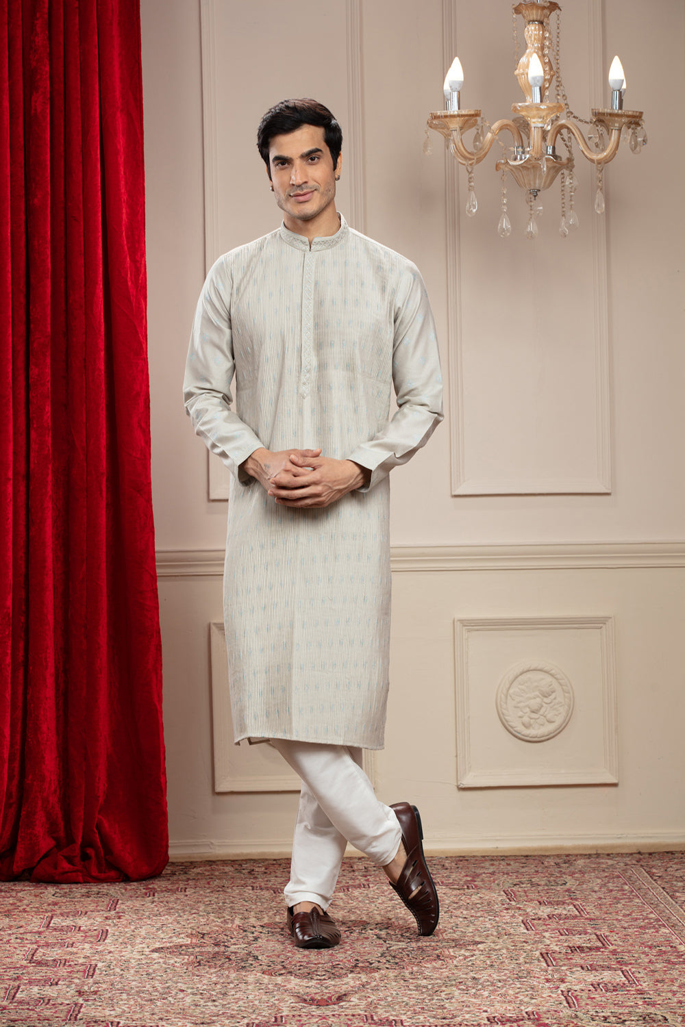 Silverish White Classic Pleating Patterned Kurta Pajama Set