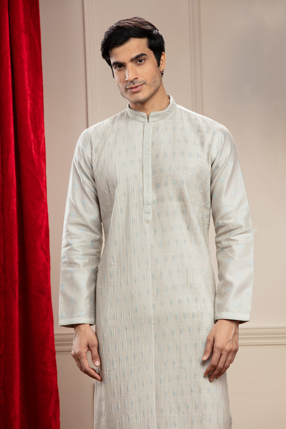 Silverish White Classic Pleating Patterned Kurta Pajama Set