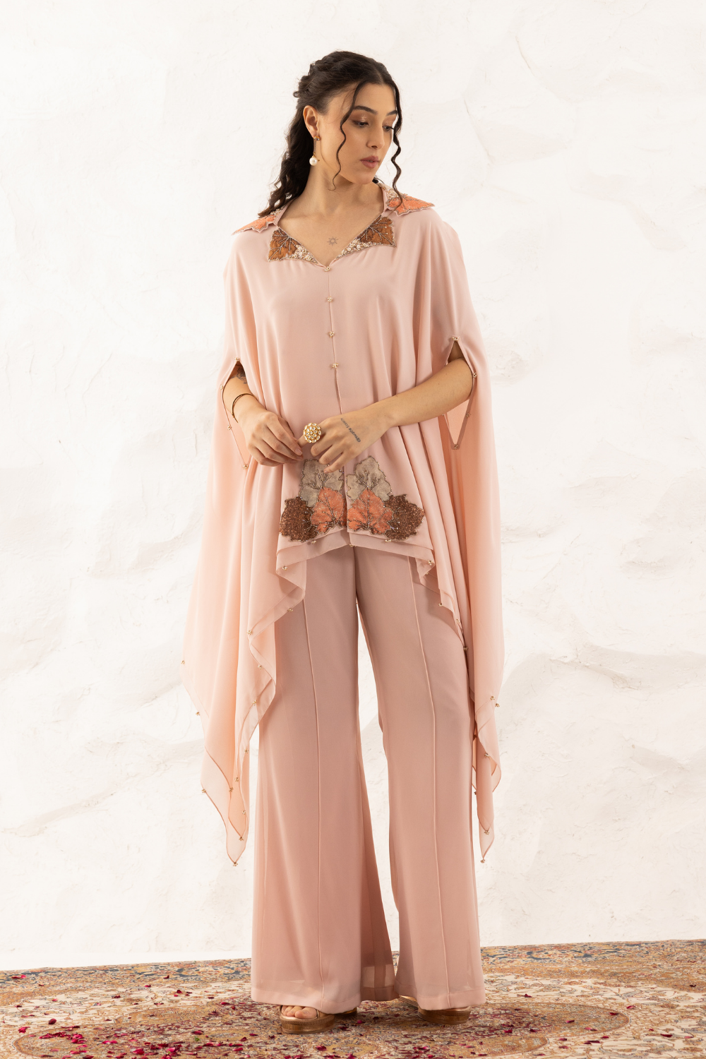 Rose Pink Georgette Avni Co-ord Set with Applique Cape