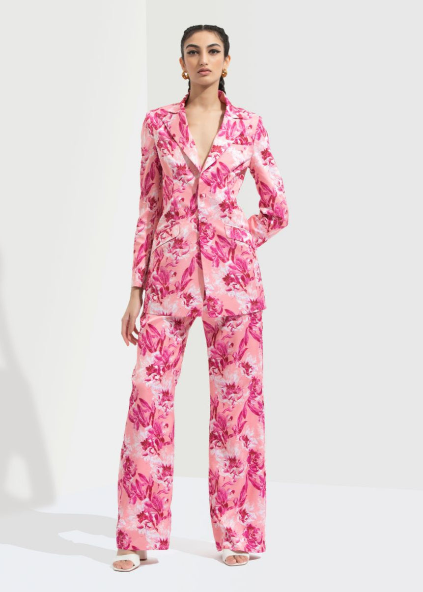 Sakura Printed Jacket Paired With Bootleg Trouser