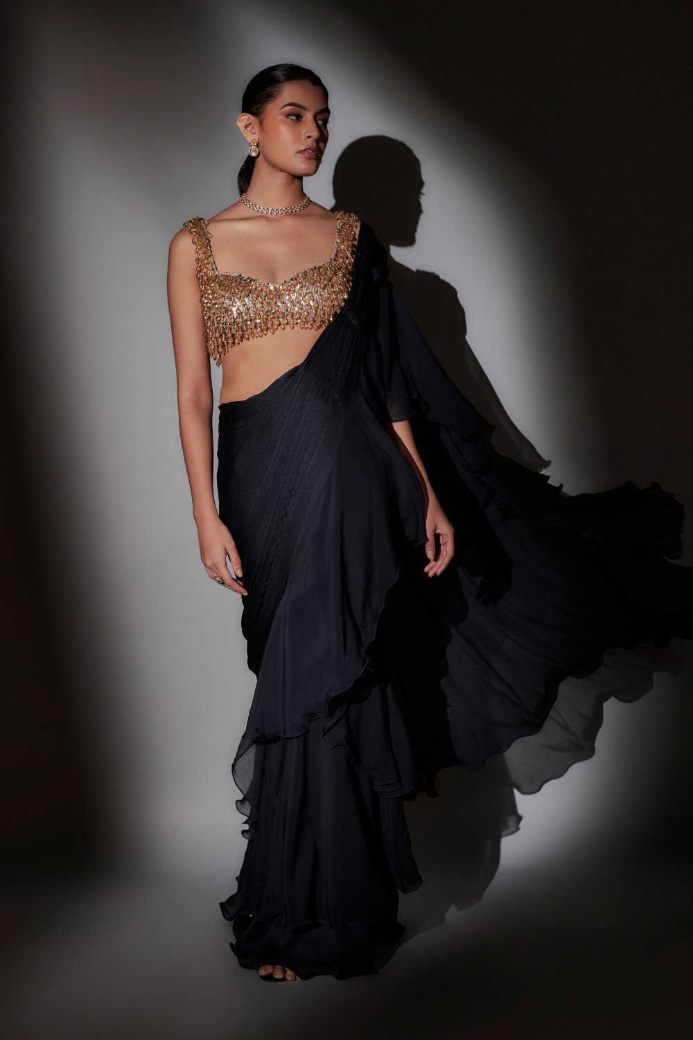 Navy Blue Shaina Pre-Draped Saree with Crystal Blouse