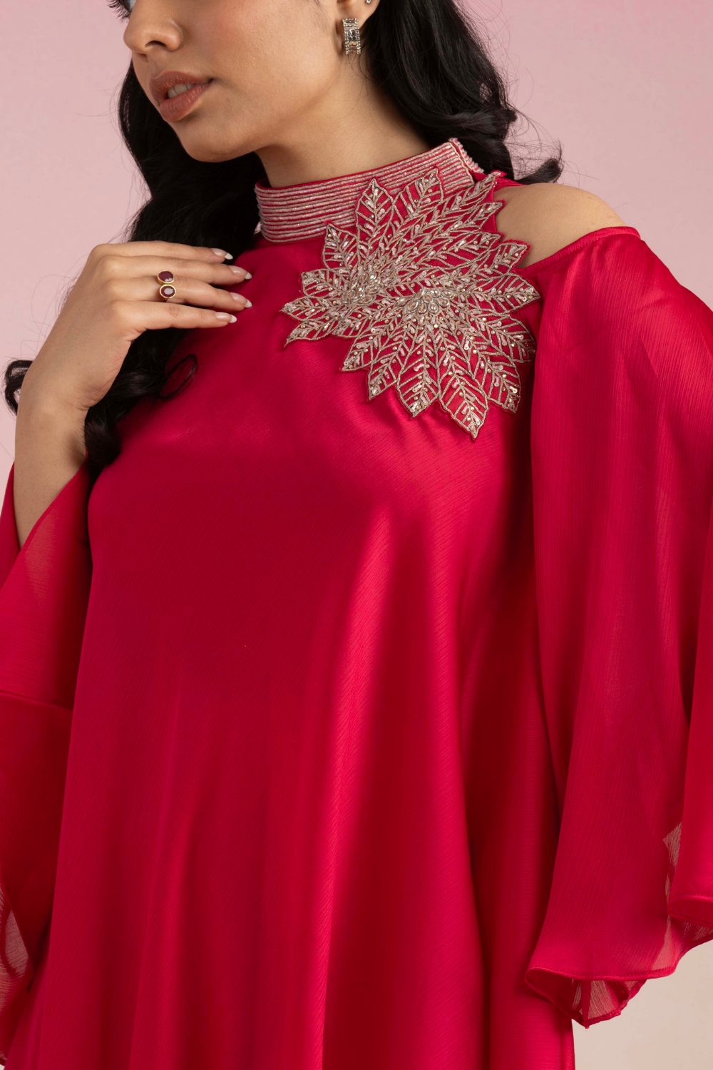 Rani Pink Khushi Chiffon Co-ord Set - Flared Cold Shoulder Style