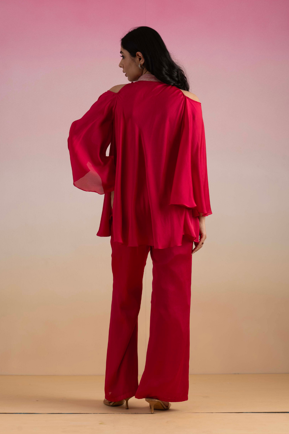 Rani Pink Khushi Chiffon Co-ord Set - Flared Cold Shoulder Style
