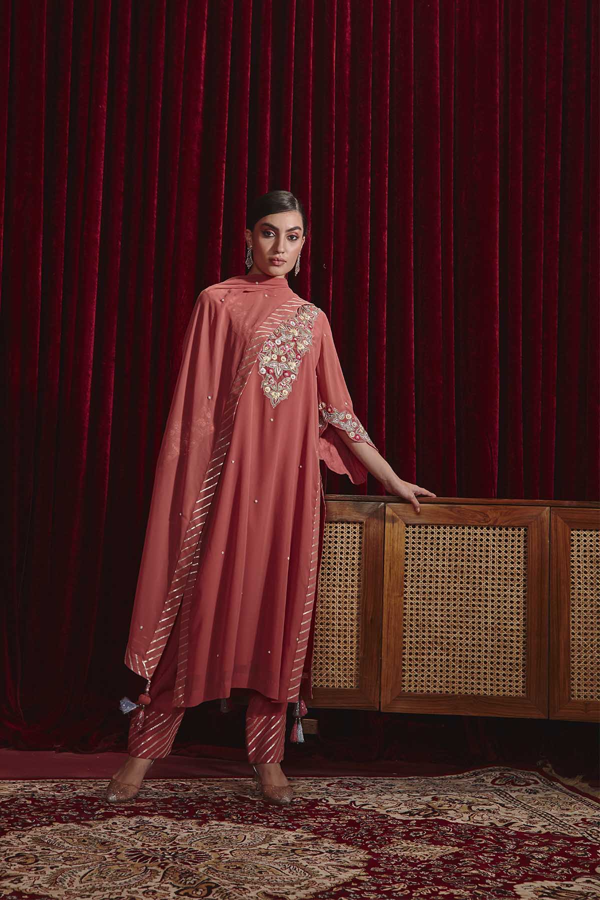 Gajari Dupion Silk Embroidered Kurta Set with Gota Dupatta