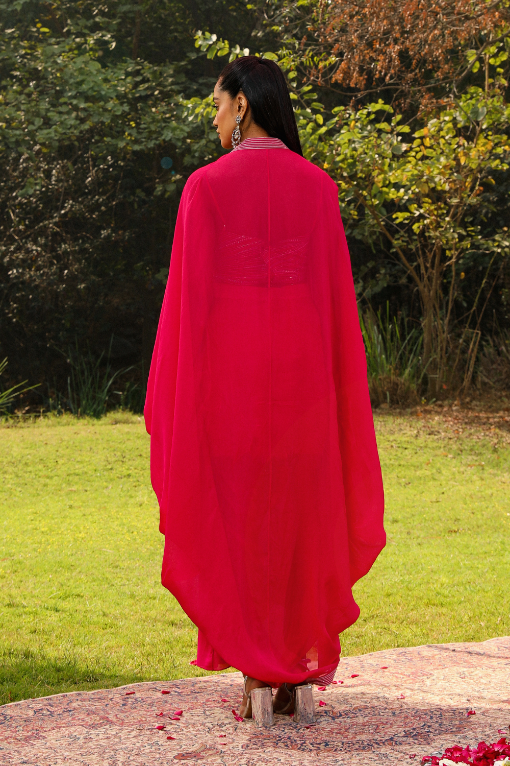 Kalki Rani Pink Cape Set with Crystal Embroidery & Pickup Skirt