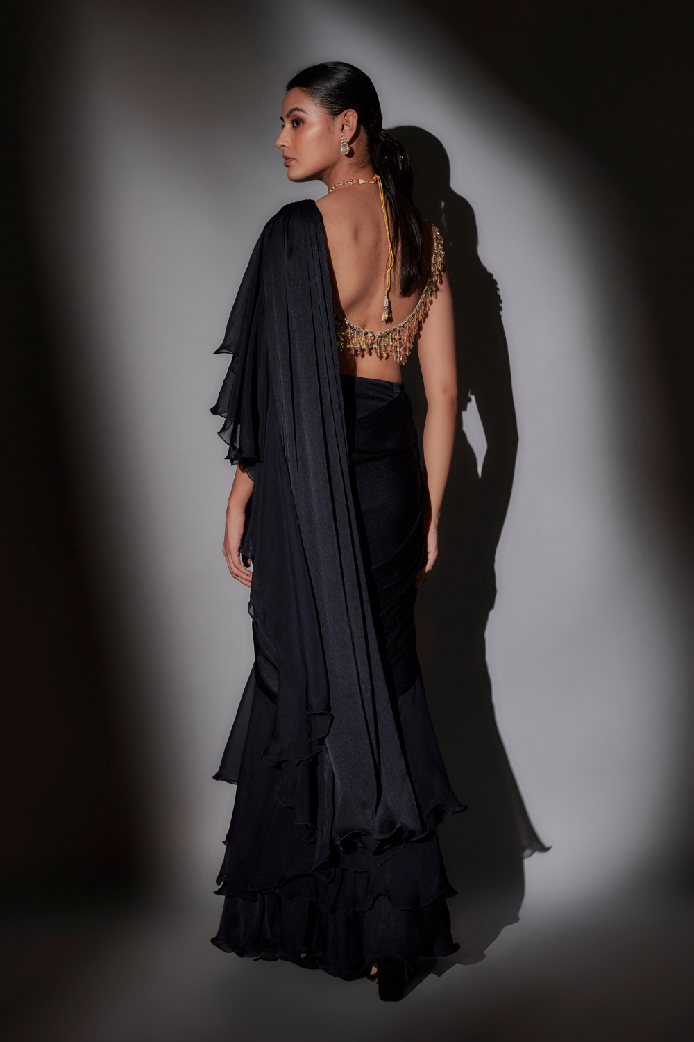 Navy Blue Shaina Pre-Draped Saree with Crystal Blouse