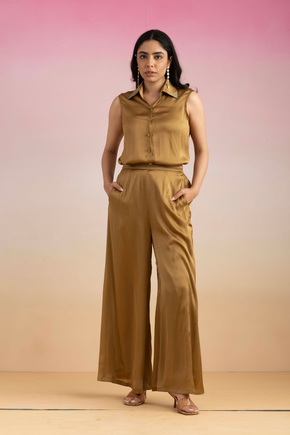 Honey Gold Chiffon Priya Co-ord Set - Sleeveless Shirt & Pants