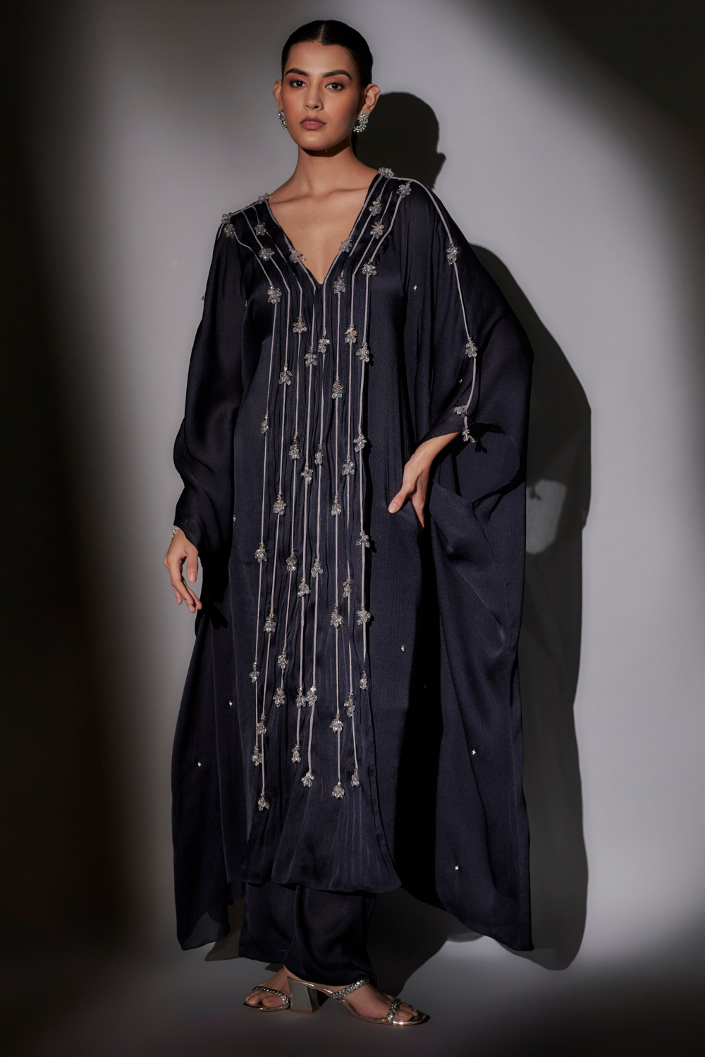 Navy Blue Satin Chiffon Sheenu Kaftan with Crystal Detail