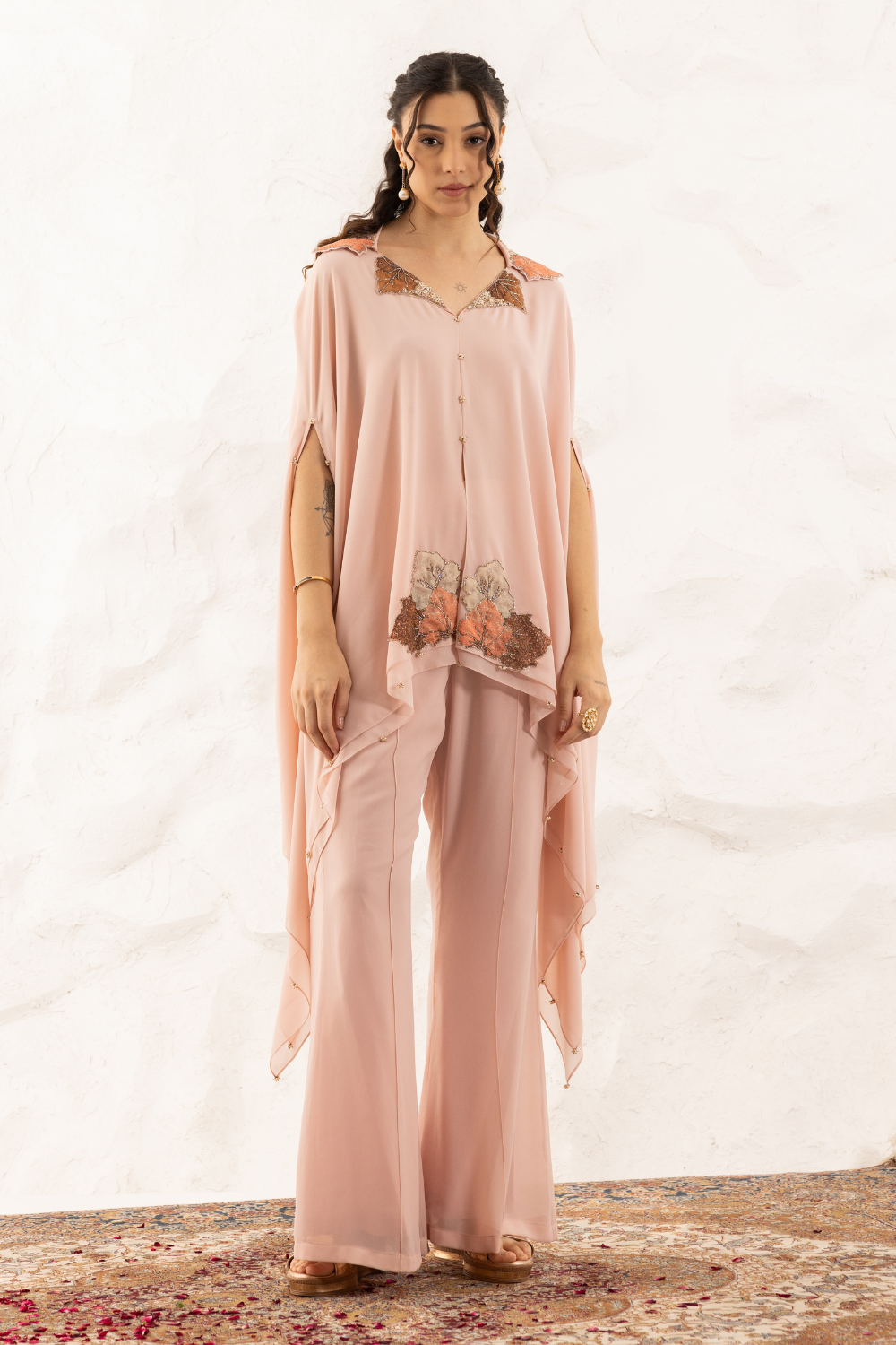 Rose Pink Georgette Avni Co-ord Set with Applique Cape