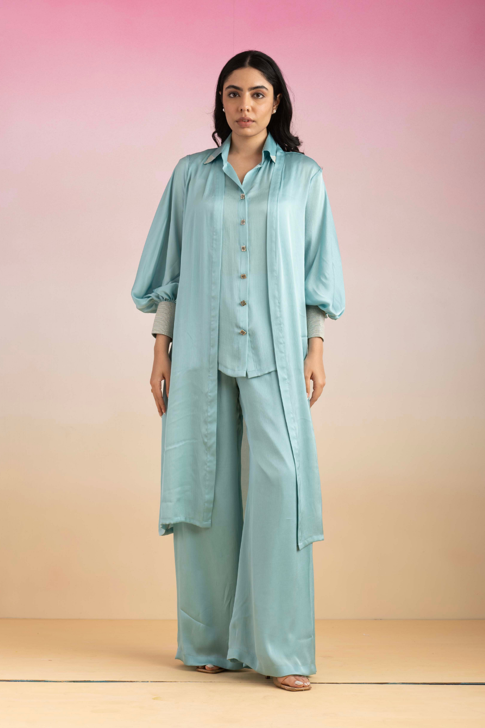 Sky Blue Chiffon Kajal Co-ord Set with Flowy Shrug & Flared Pants