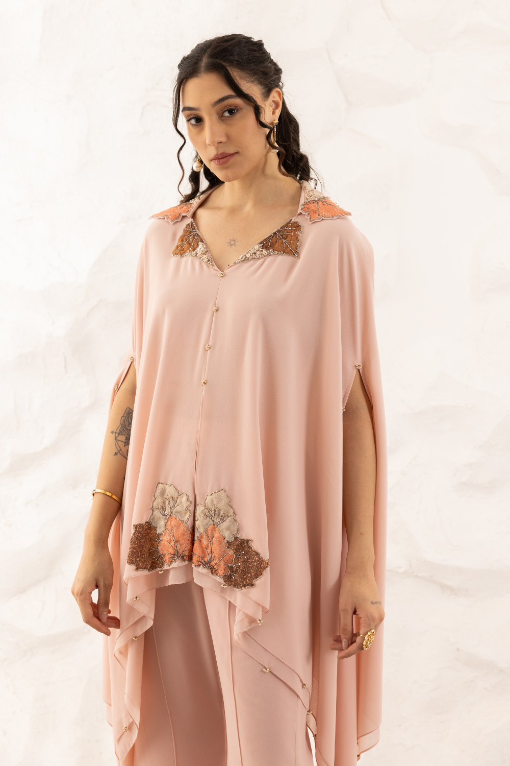 Rose Pink Georgette Avni Co-ord Set with Applique Cape