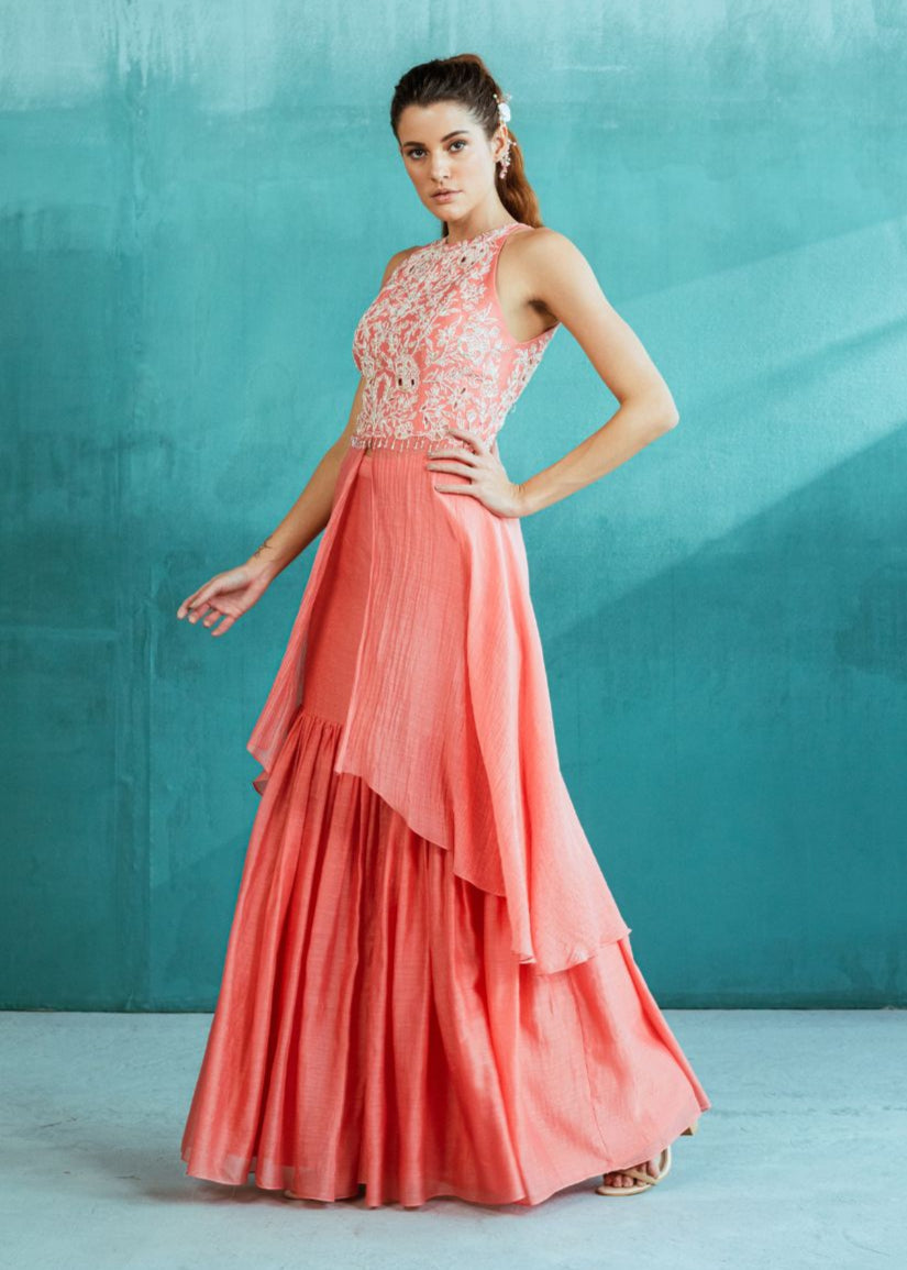 Pink Chanderi Enbroidered Kurta With Sharara