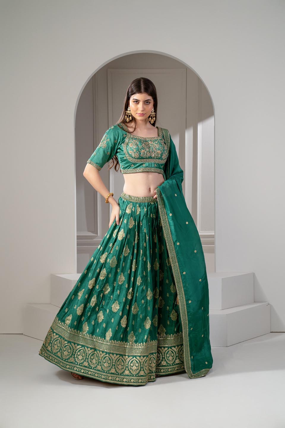 Emerald Green Soft Silk Sequins And Zari Embroidered Lehenga Set. - Auraya Fashion - Riyaasat - #tag1# - #tag2# - #tag3# - #tag3#