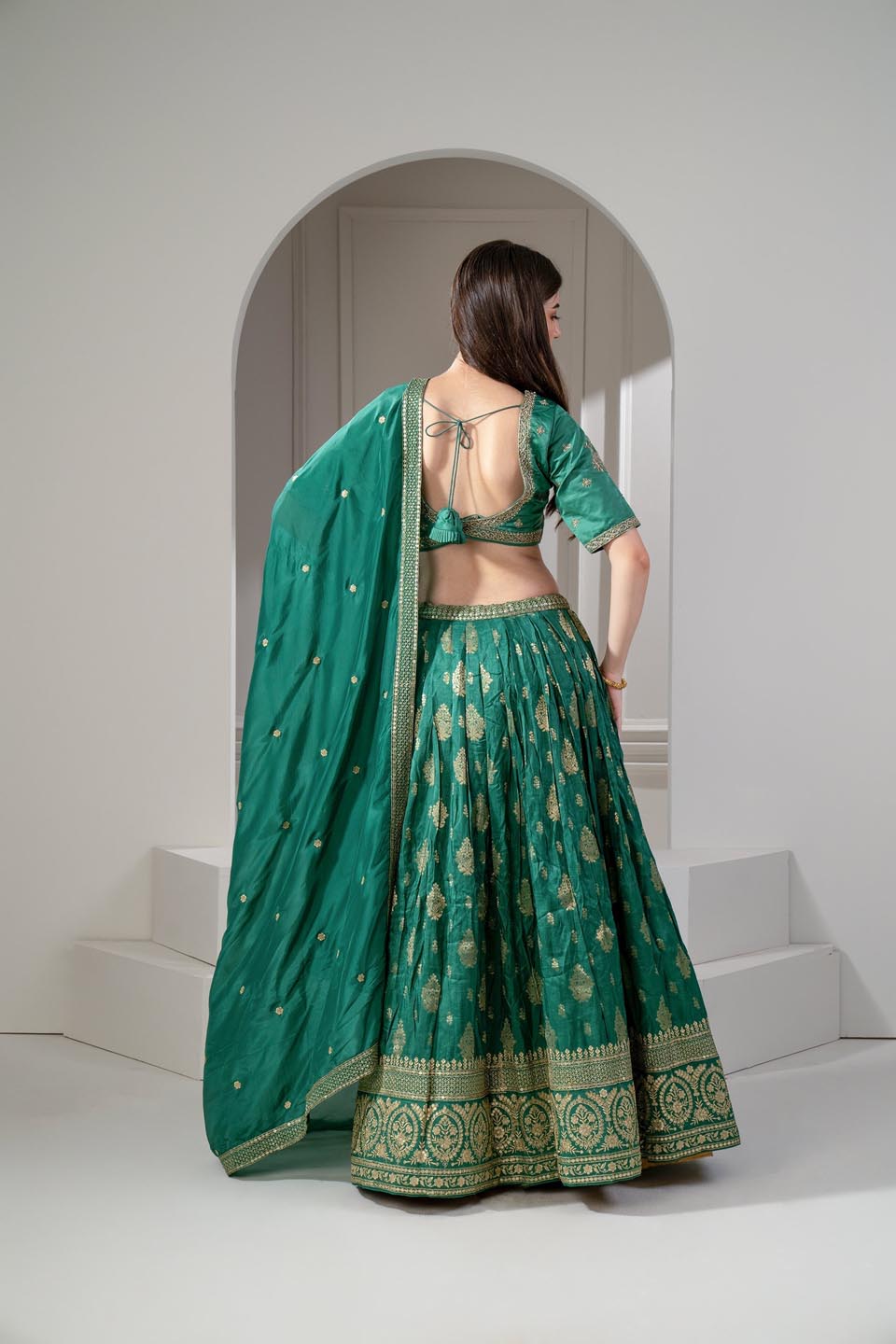 Emerald Green Soft Silk Sequins And Zari Embroidered Lehenga Set. - Auraya Fashion -  - #tag1# - #tag2# - #tag3# - #tag3#