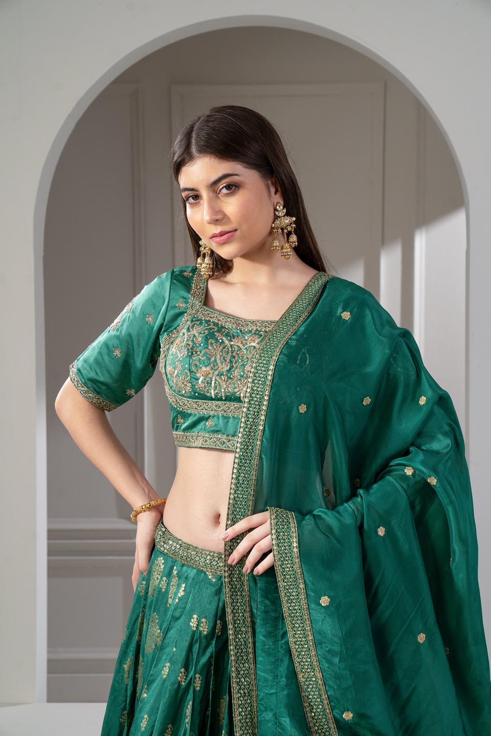 Emerald Green Soft Silk Sequins And Zari Embroidered Lehenga Set. - Auraya Fashion -  - #tag1# - #tag2# - #tag3# - #tag3#