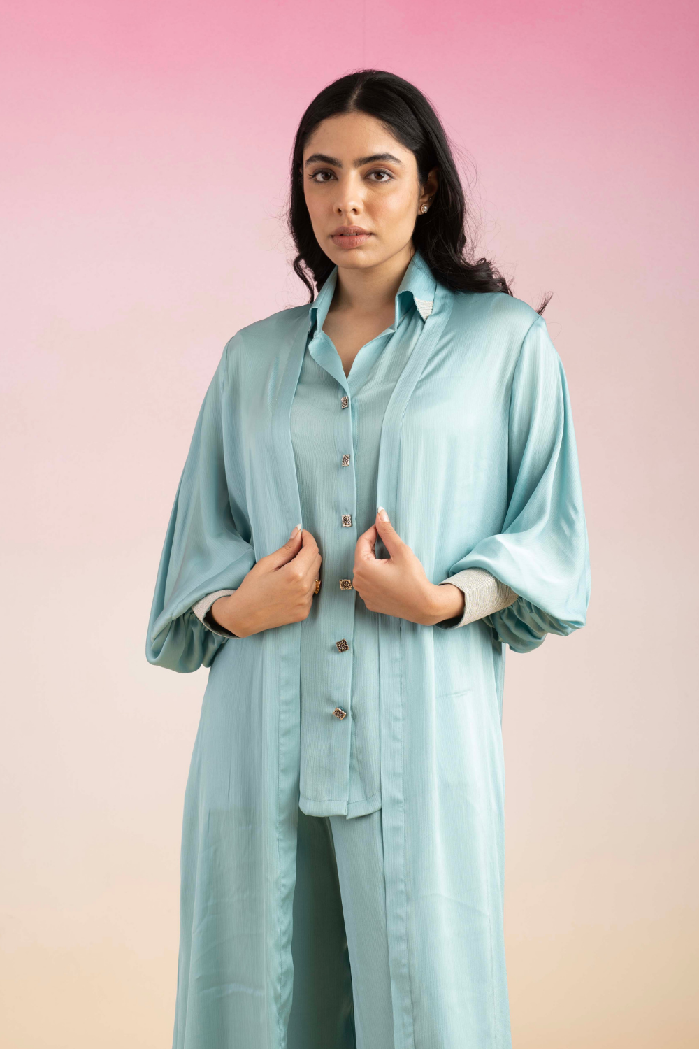 Sky Blue Chiffon Kajal Co-ord Set with Flowy Shrug & Flared Pants