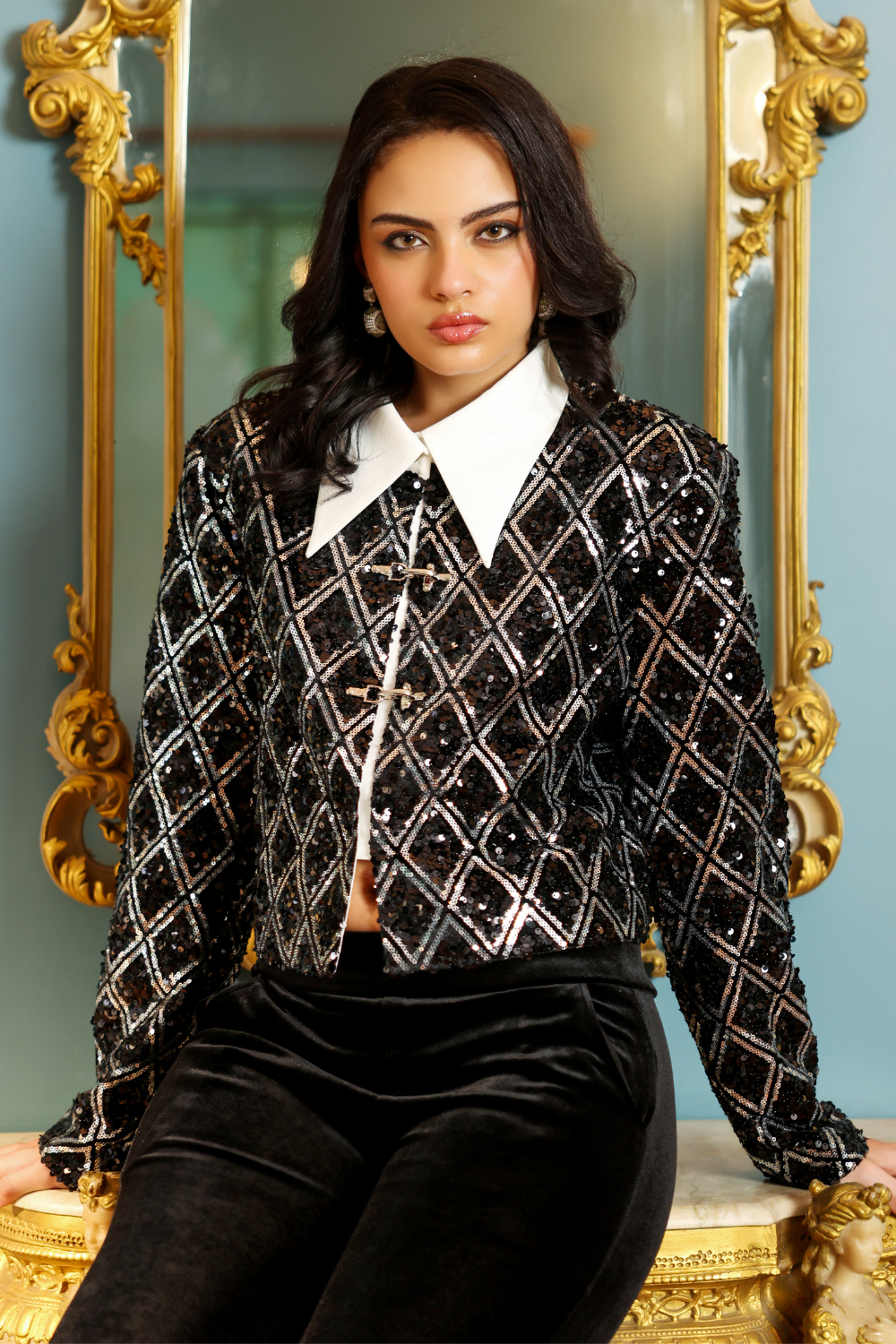 Embellished Velvet and Silk Jacket with Wing Collar for Luxury Events