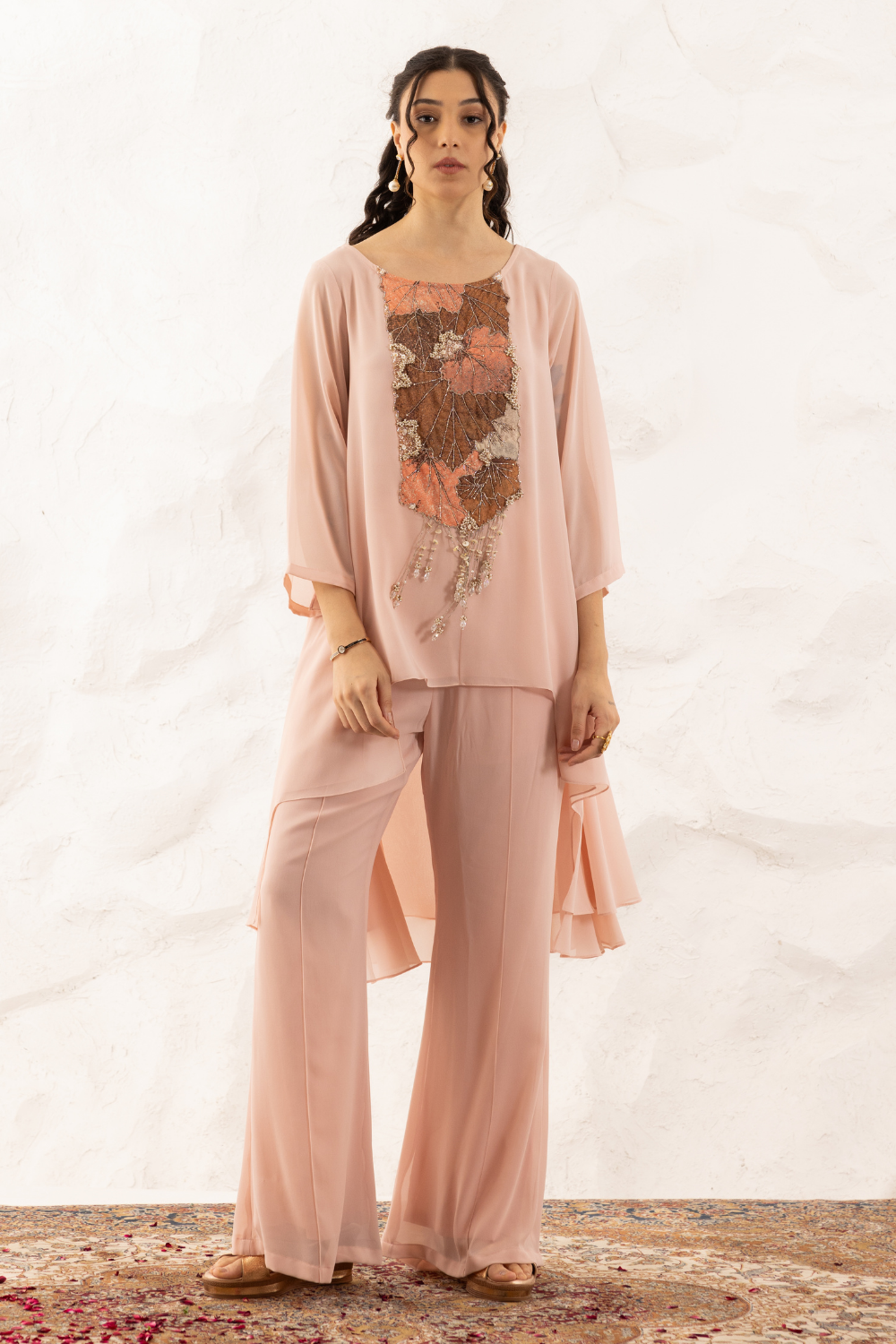 Kiara Rose Pink Georgette Co-ord Set with Applique Yoke Work
