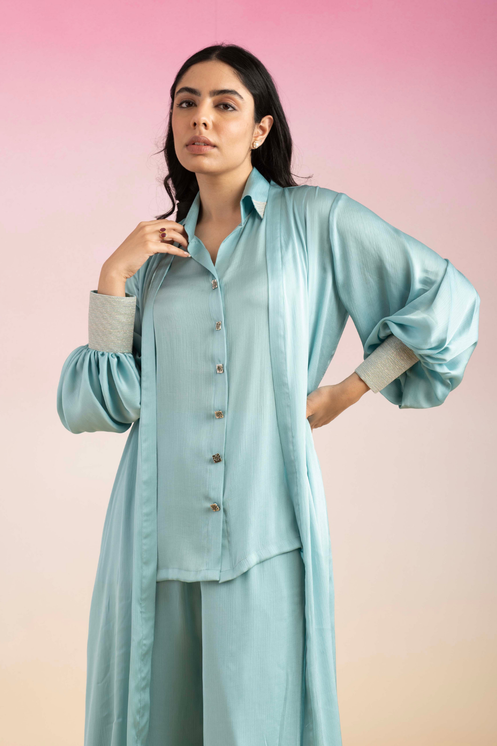 Sky Blue Chiffon Kajal Co-ord Set with Flowy Shrug & Flared Pants