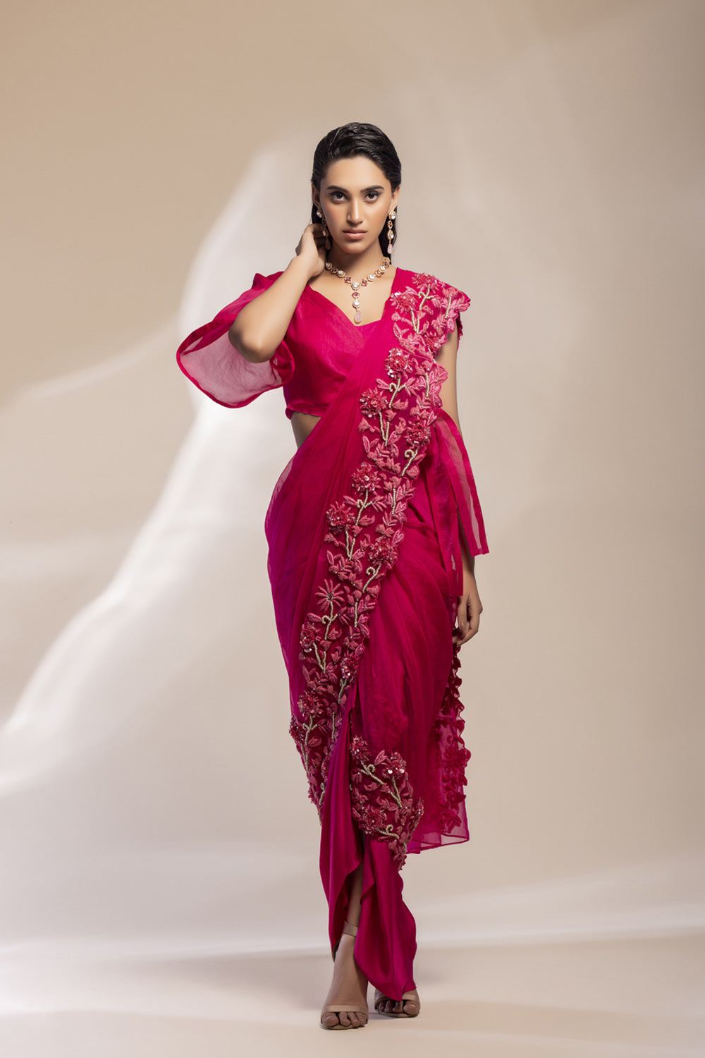 Fuchsia Draped Saree With 3D Embellishments. - Auraya Fashion - Gee Sin by Geetanjali - 