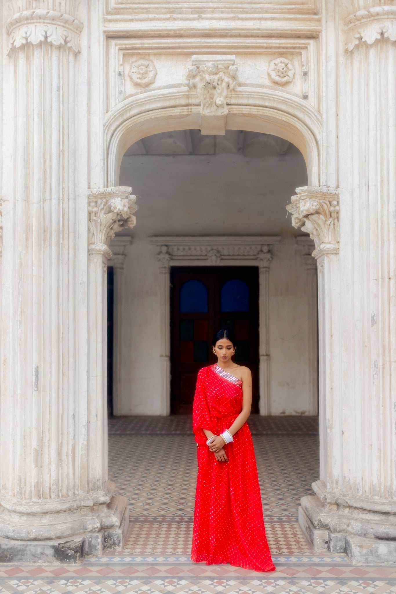 One shoulder leheriya dress