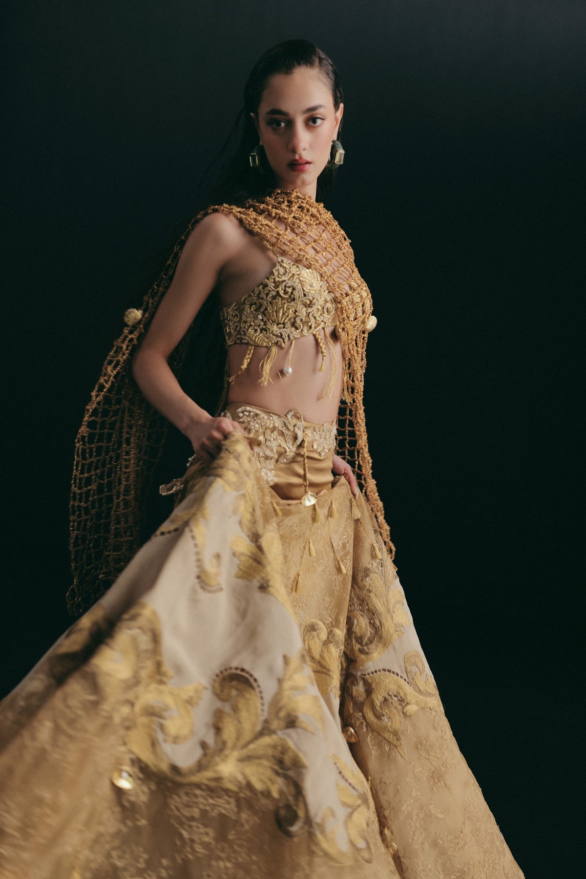 Zardosi & Cutwork Embroidery, Silk & Tulle with Crochet Detailing, Skirt Set, Bralette Silhouette