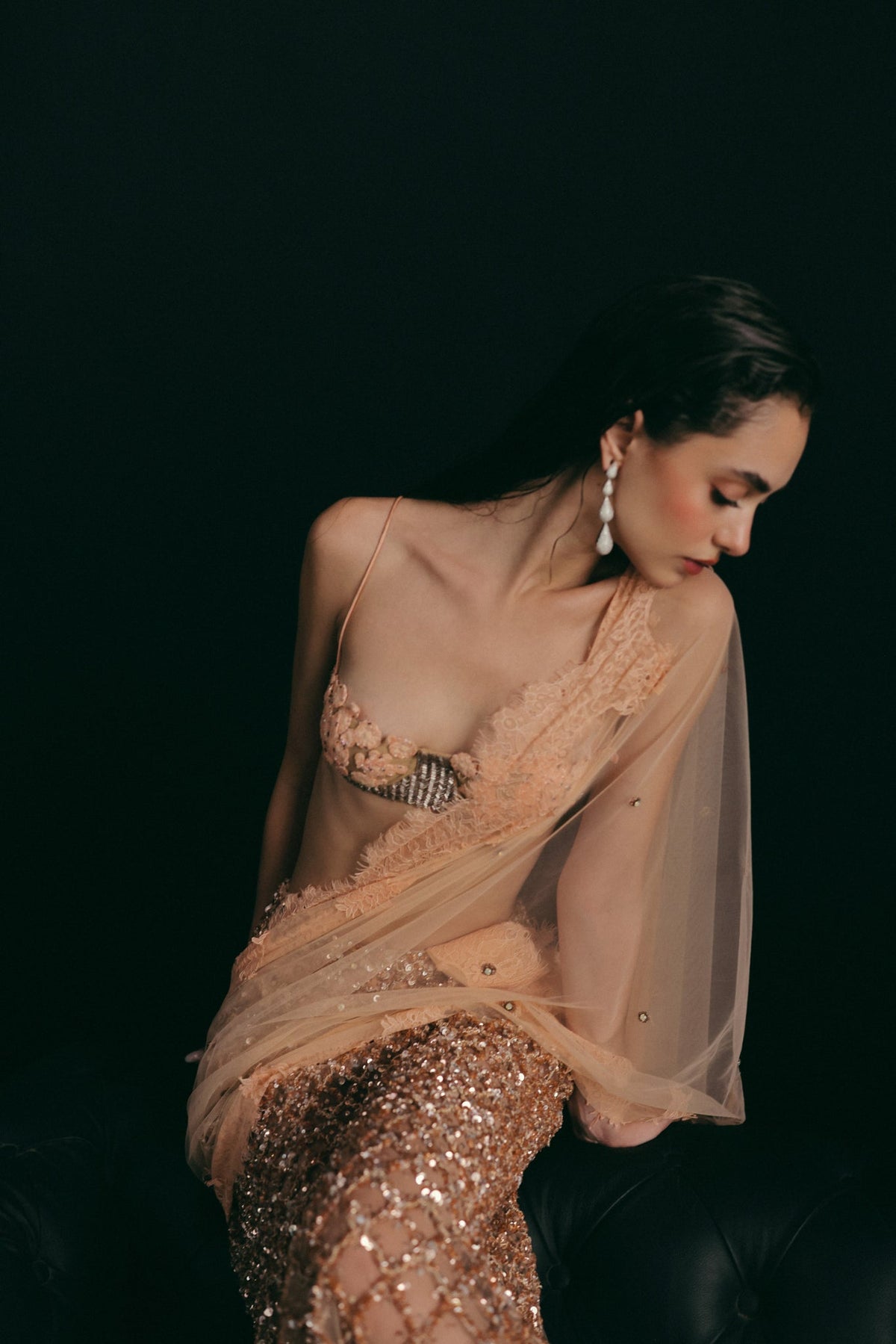 Zardosi Floral Embroidery, Tulle & Silk, Pre-Stitched Saree Set, Bralette Silhouette
