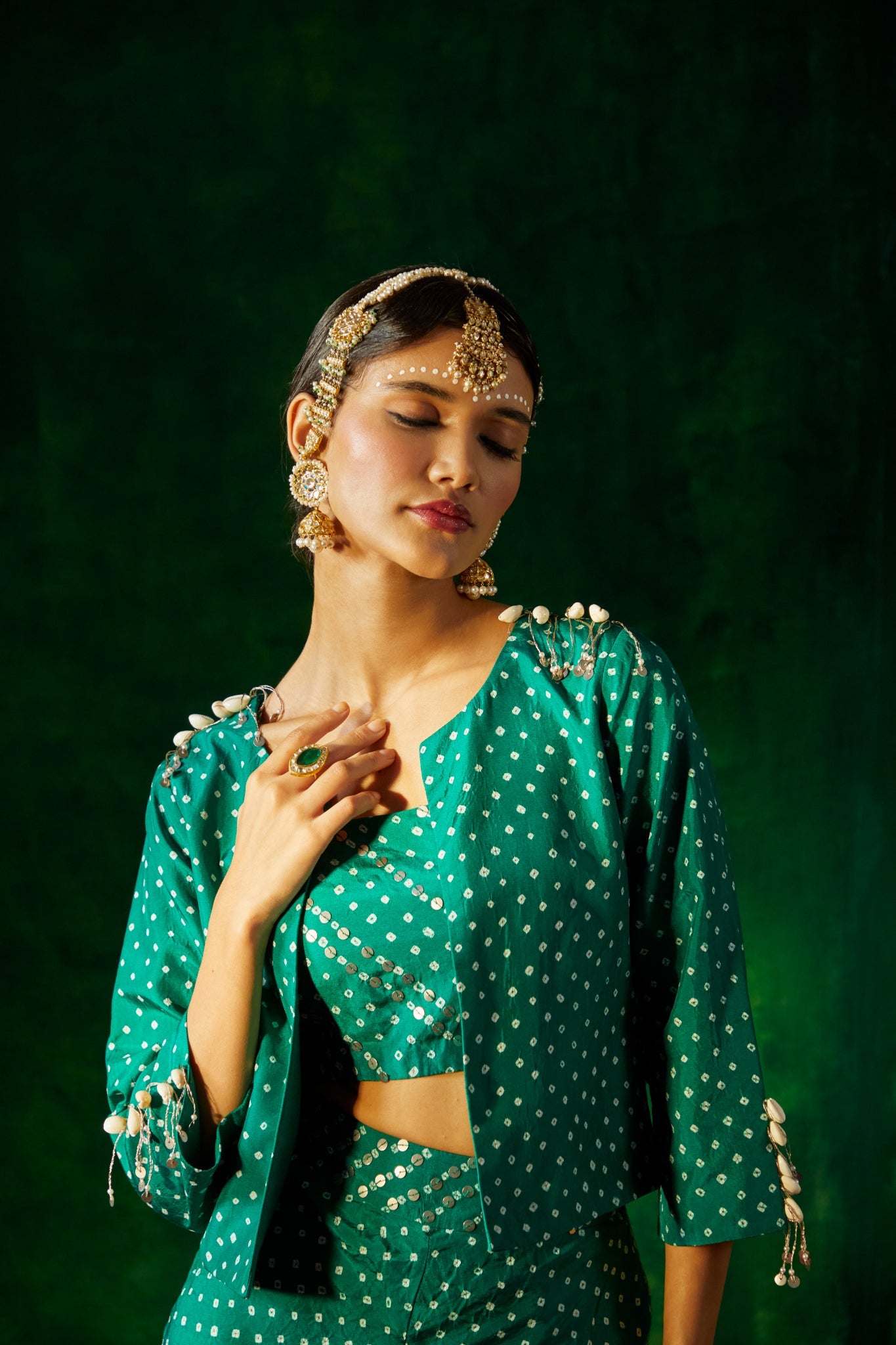 Short Bandhni blazer with bustier and flared pants