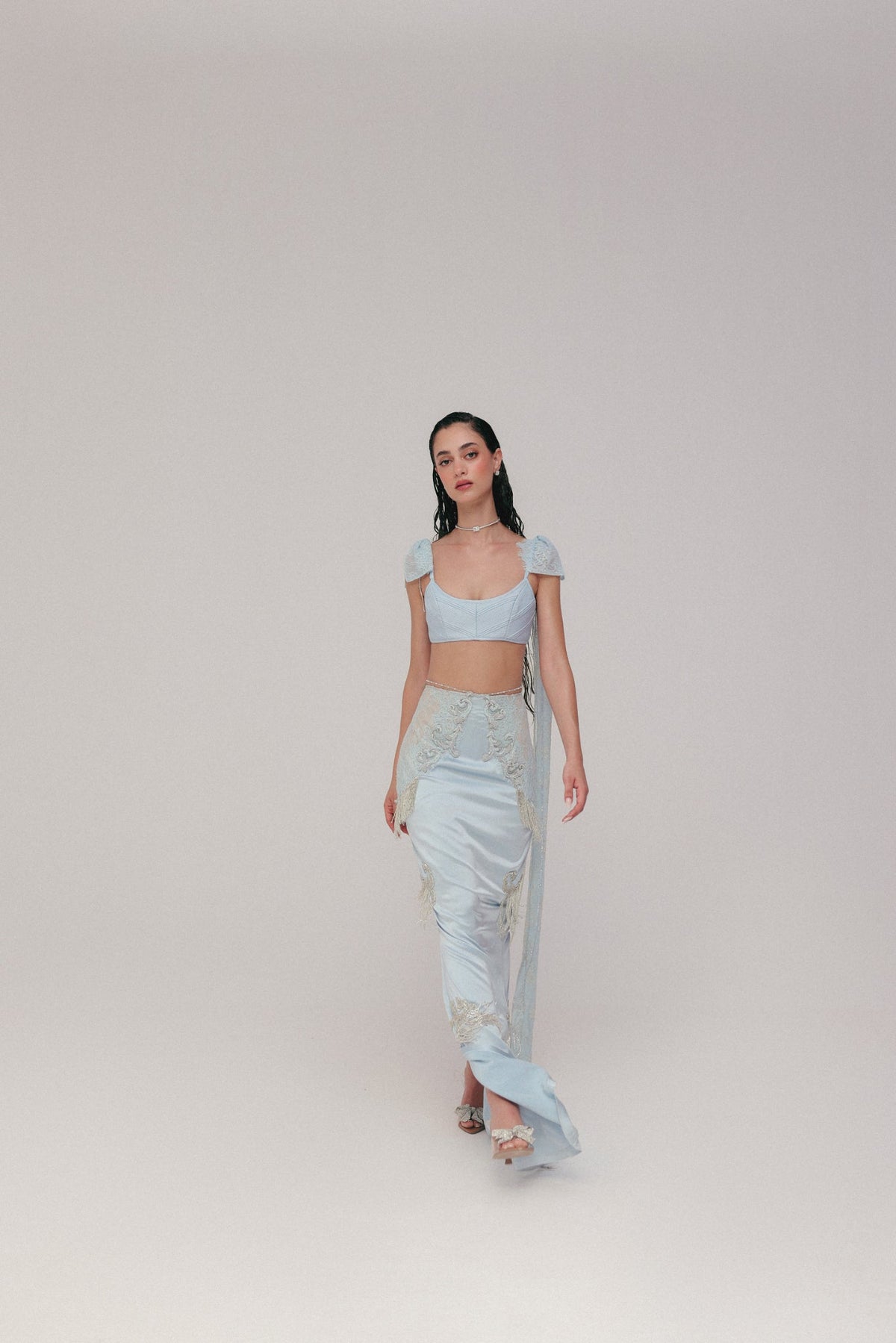 Bugle Bead & Crystal Embroidery, Silk Satin & Lace, Skirt Set, Crop Silhouette