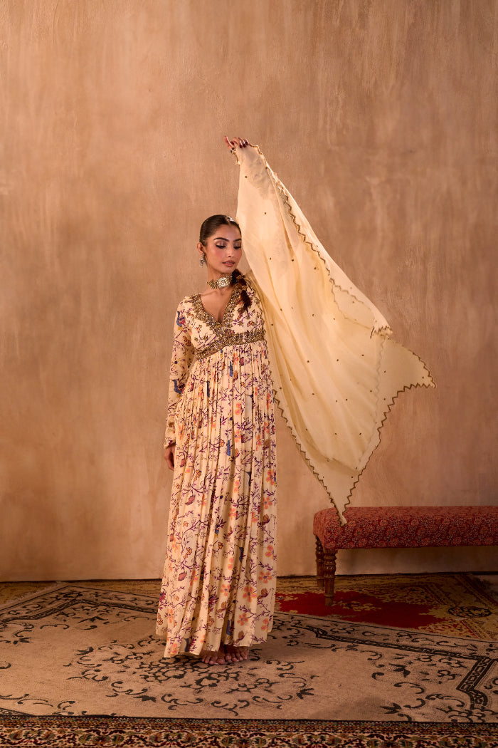 IVORY PRINT EMBROIDERED ANARKALI AND DUPATTA SET - image 7