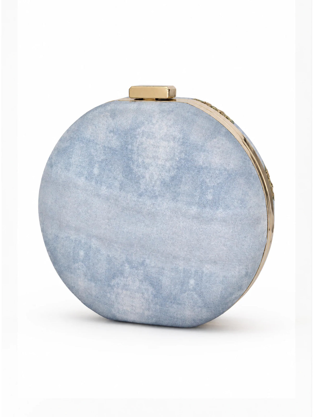 Grey Lion Motif Round Clutch Bag with Embroidered Botanical Detail