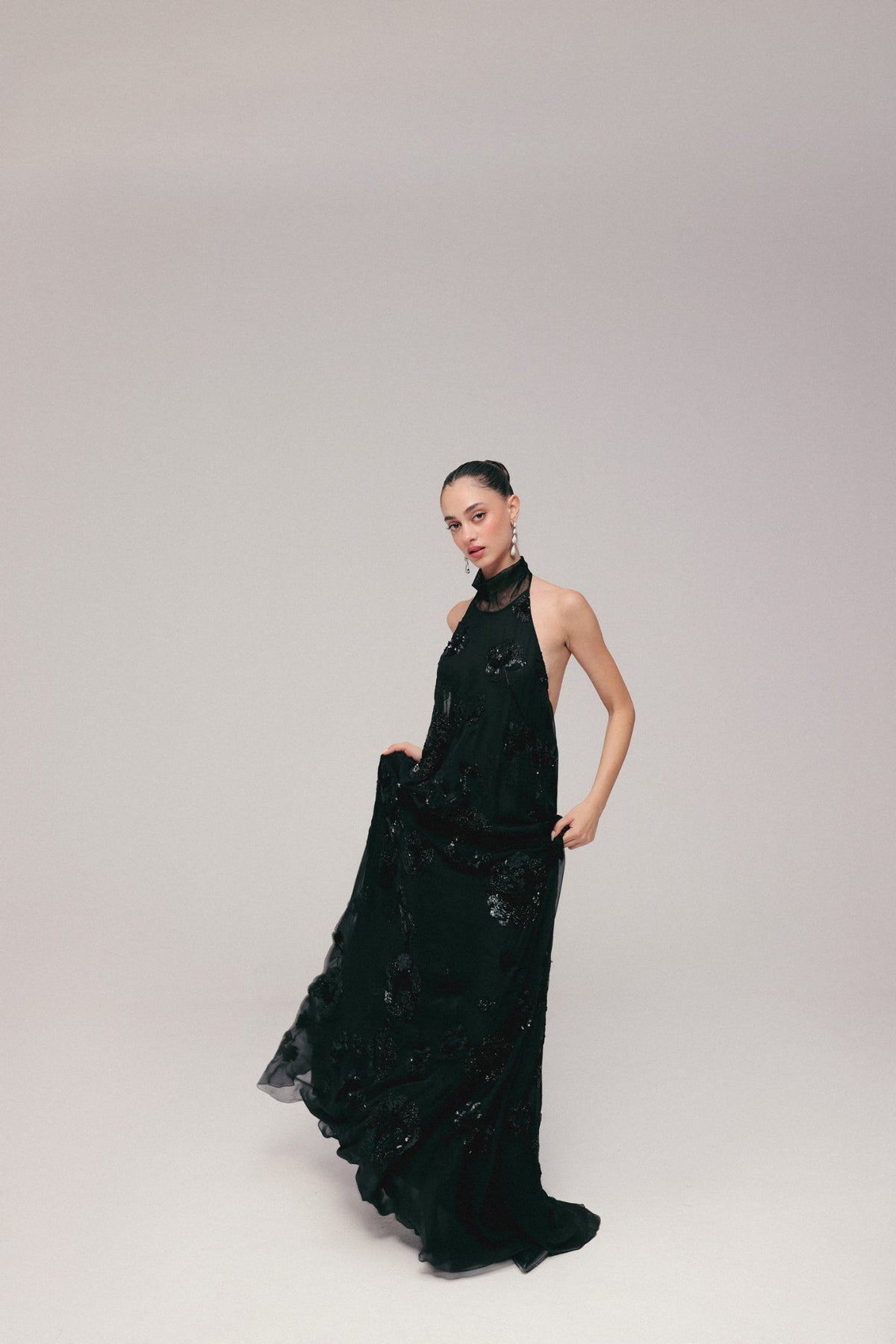 Black, Persian Embroidery, Silk Georgette & Tulle, Full-Length Dress, Sheath Silhouette