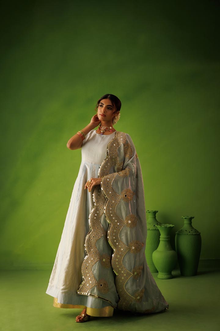 Powder blue and yellow reversible anarkali set with blue dupatta