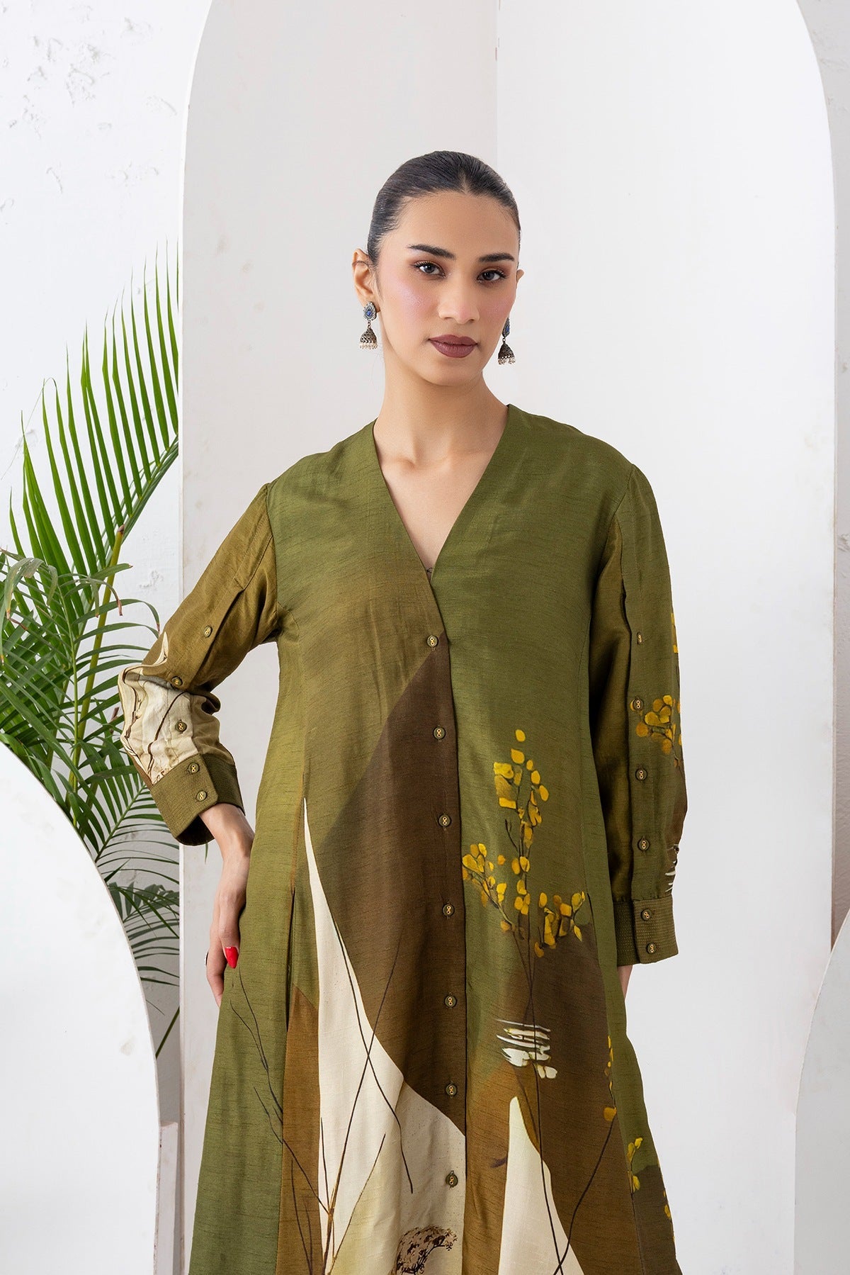 Moss Green Shaded Viscose Dupion Printed High-Low Dress Set (2 PCS)