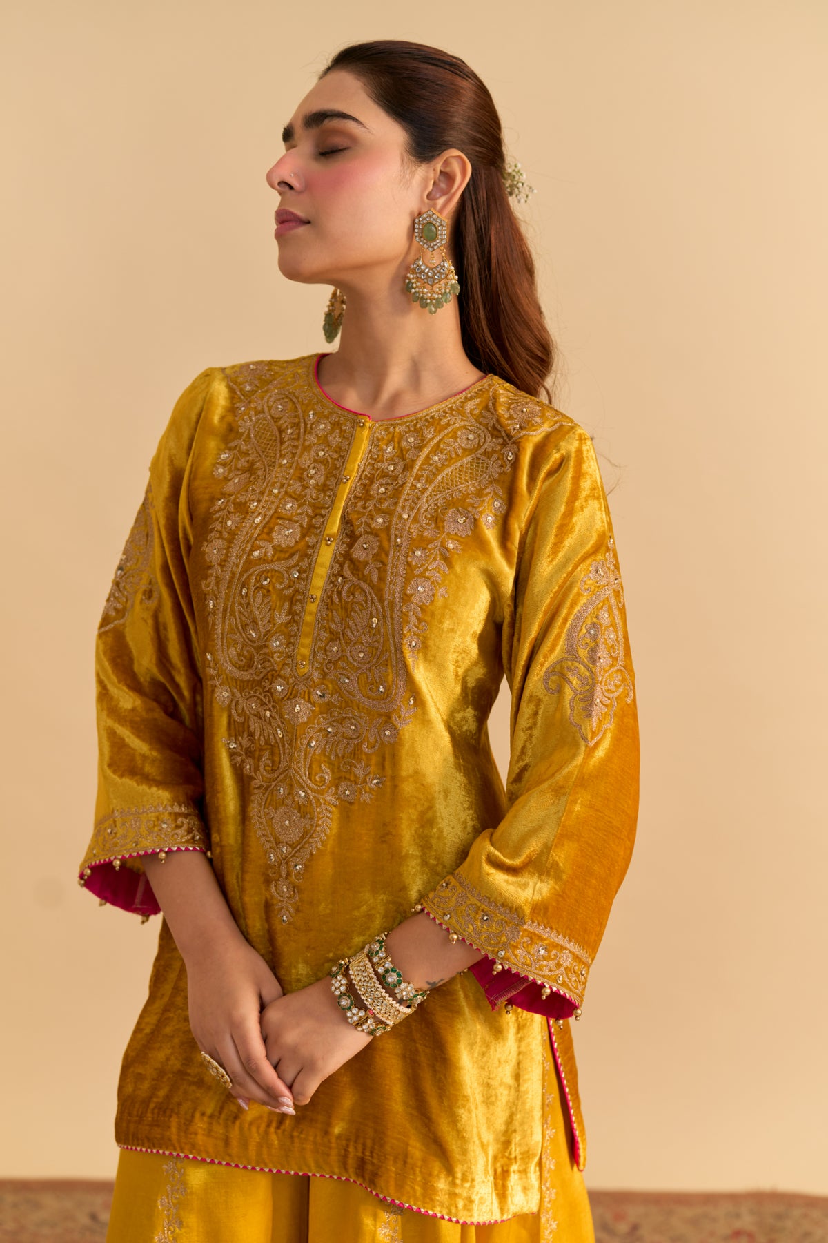 Mustard Velvet Kurta with Sharara Set for Festive Weddings