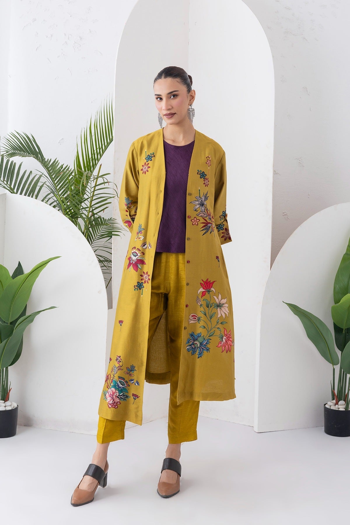 Mustard Silk Chanderi Printed High-Low Dress Set (3 PCS)