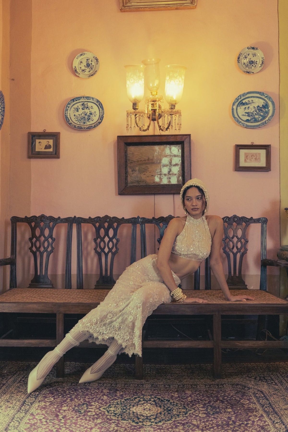 Oyster, Bugle Bead Embroidery, Vintage Lace & Tulle, Crop Skirt Set, Tea-Length Silhouette