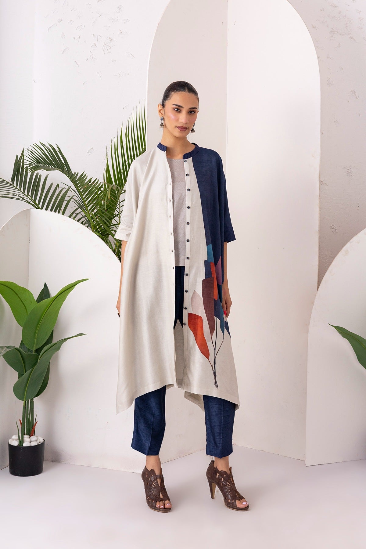 Blue & Ivory Silk Chanderi Printed Kaftan Style Dress Set (3 PCS)