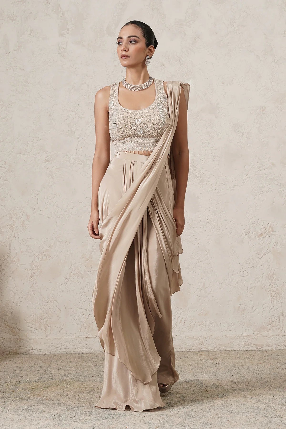 Lehar Ruffle Pre-Draped Saree with Sequin Blouse | Beige  | Women | THETAA