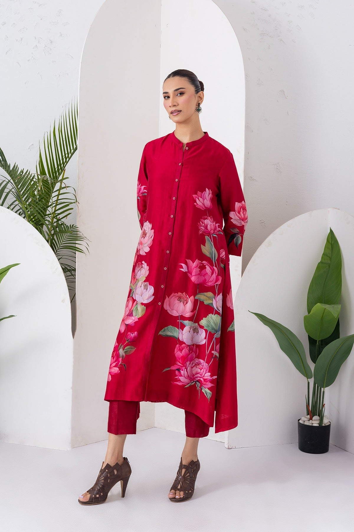 Maroon Silk Chanderi Printed Front Open Dress Set (3 PCS)