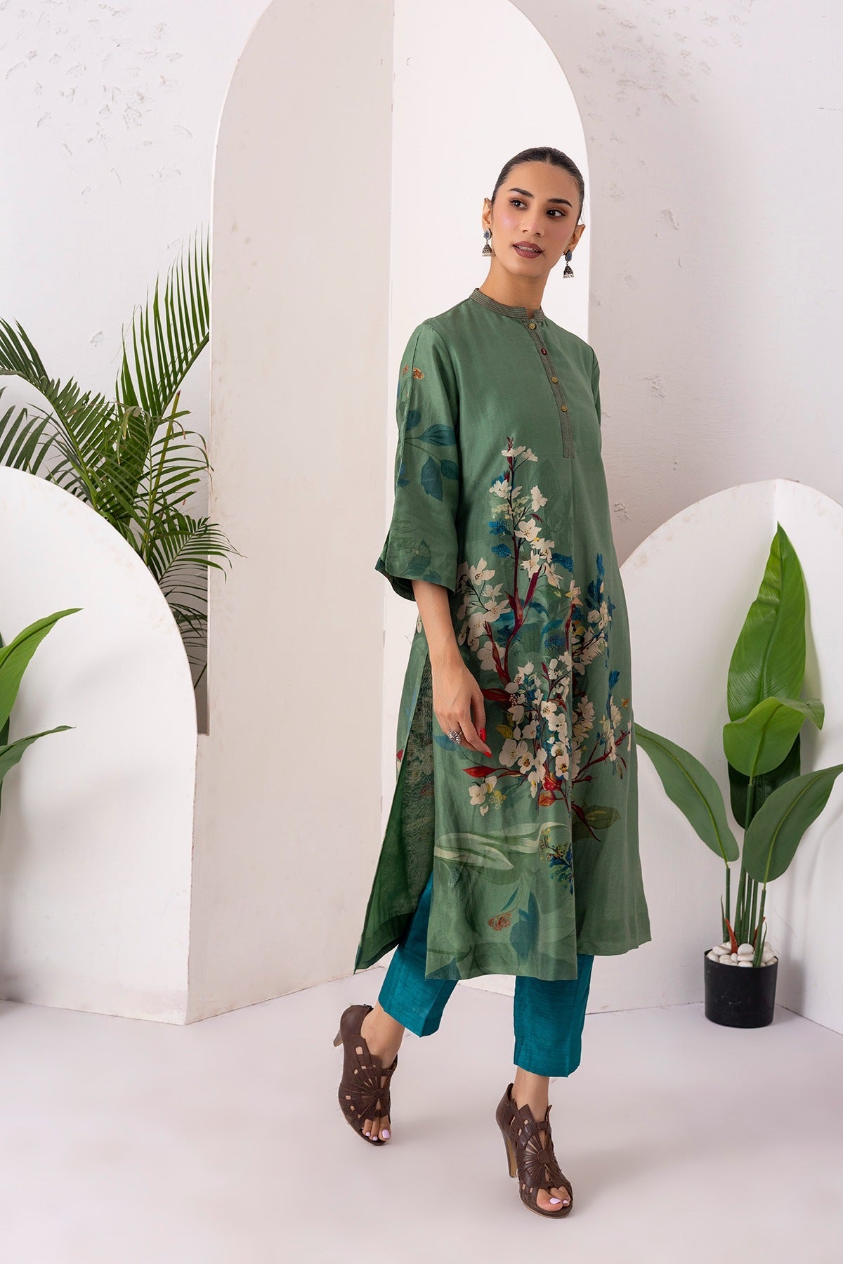 Sage Green Silk Chanderi Printed Front Pleat Tunic Set (2 PCS)