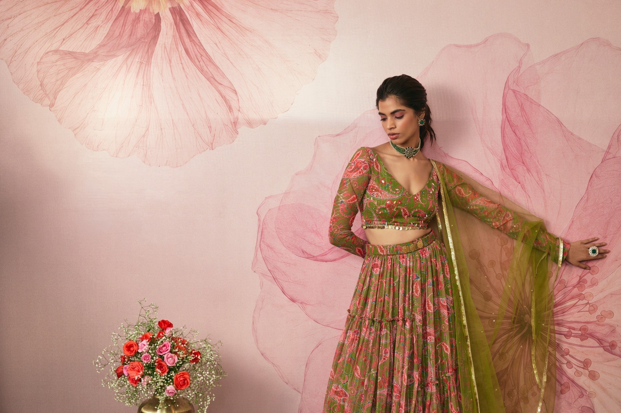 GREEN PAISLEY PRINTED LEHENGA SET