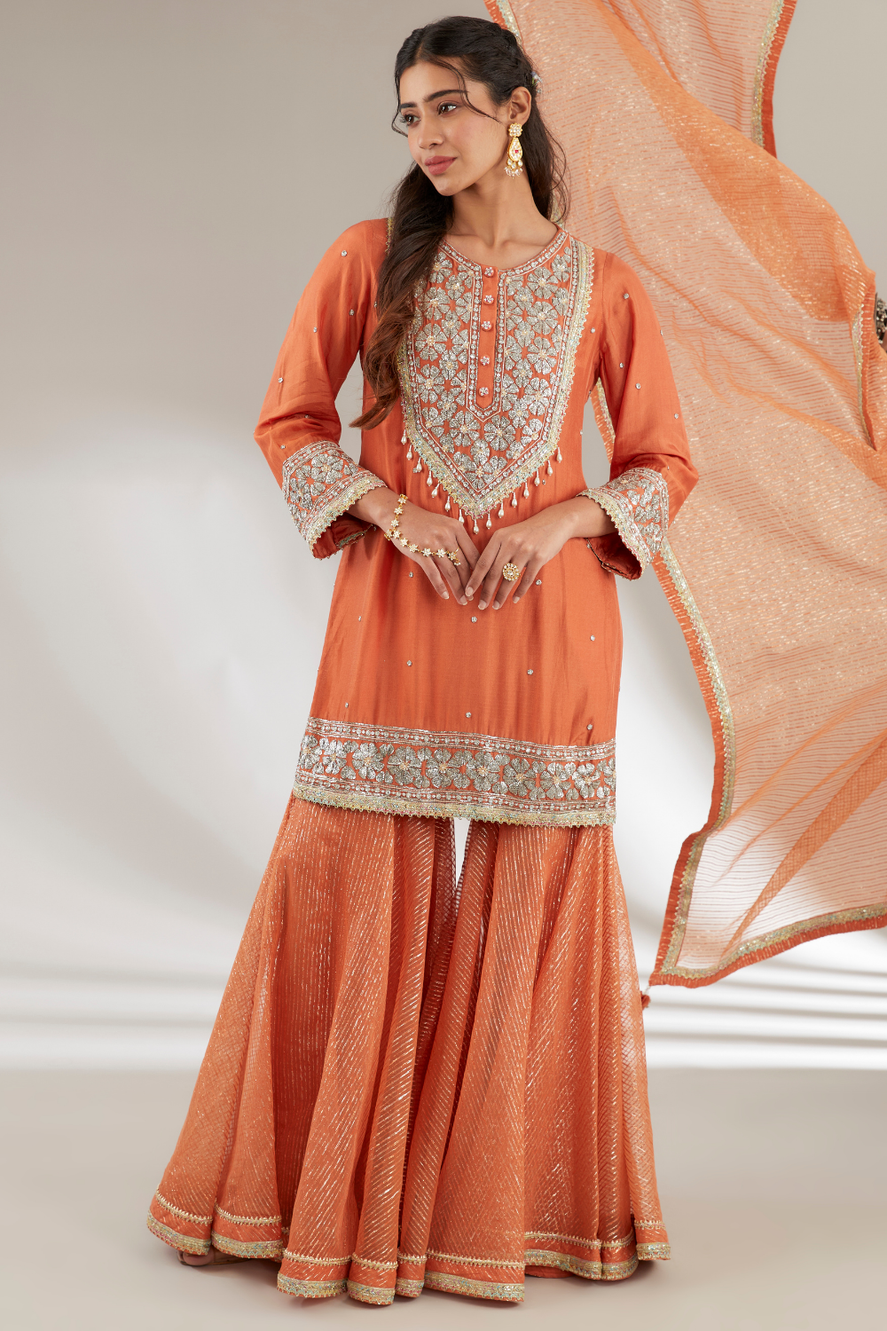 Rust Orange Manvi Garara Set in Embroidered Upada Silk & Organza