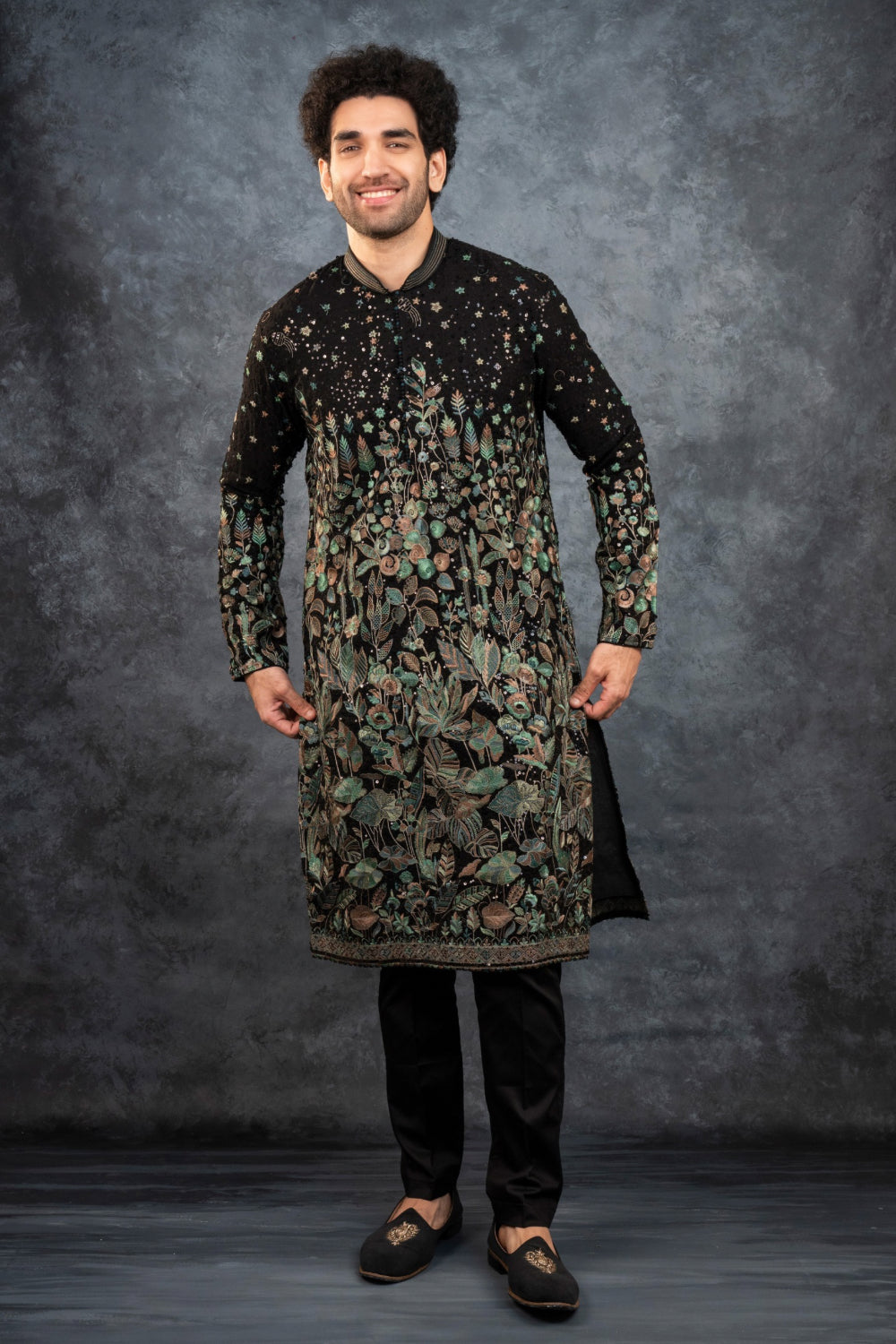 Black silk kurta set with multicolour resham embroidery and sequins work