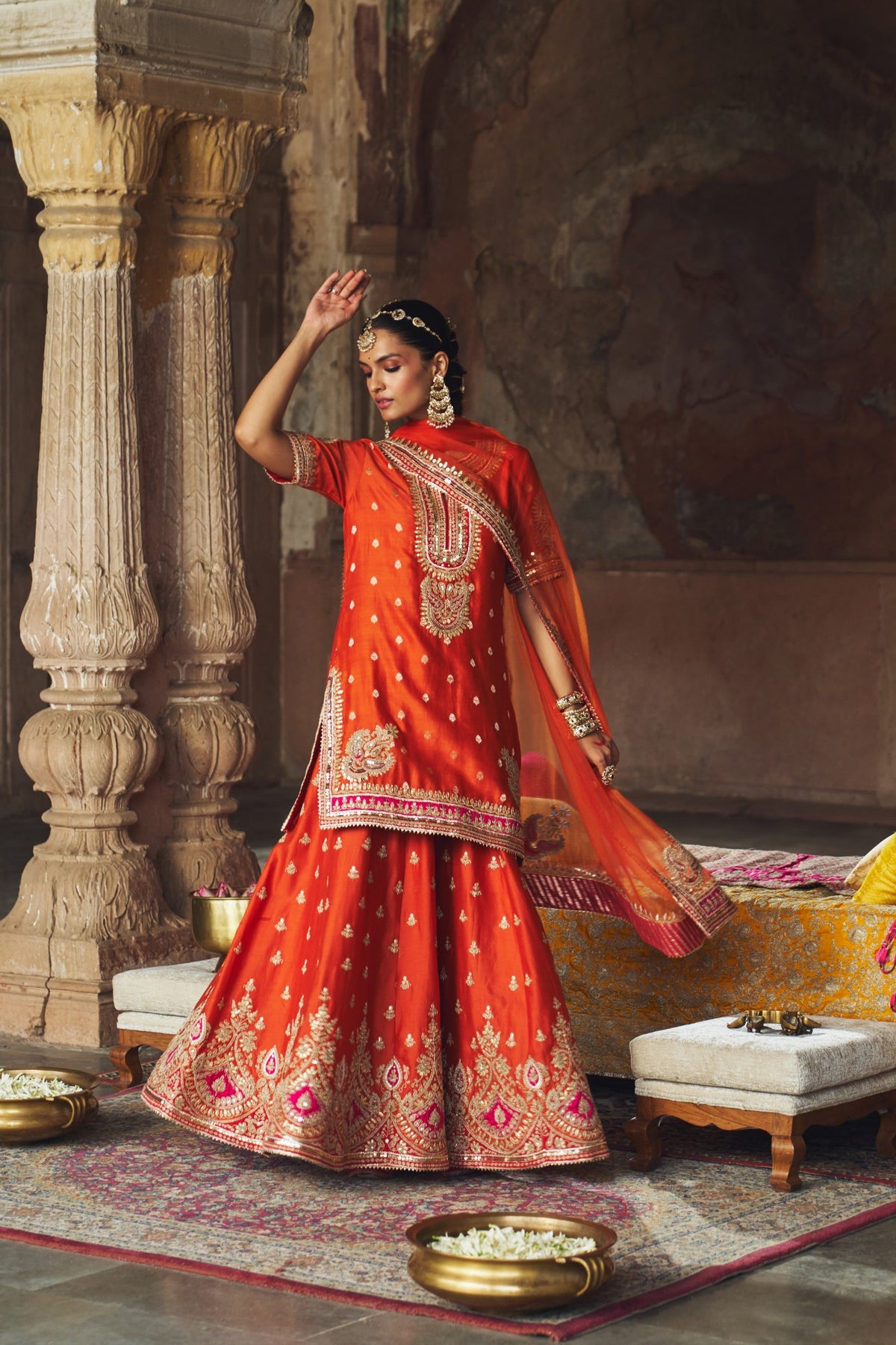 Burnt Orange Banarasi Short Kurta Sharara Set with Dupatta