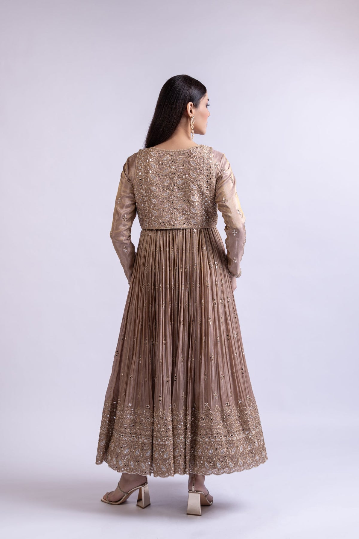 Mouse Brown Tissue Silk Short Anarkali with Embroidered Jacket