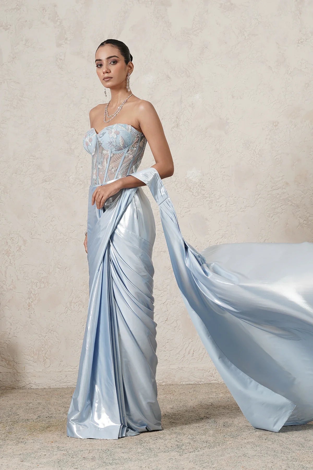 Shabnam Pre-Draped Saree with Hand-Embroidered Corset Blouse | Powder Blue | Women | THETAA