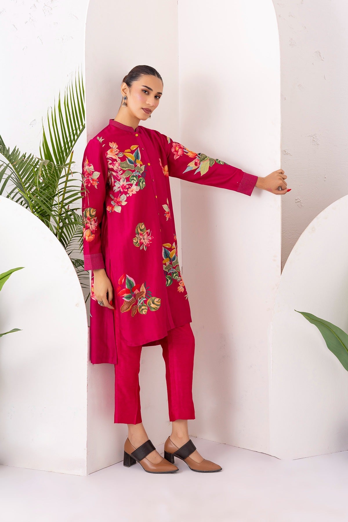 Hot Pink Silk Chanderi Printed Shirt Style Tunic Set (2 PCS)